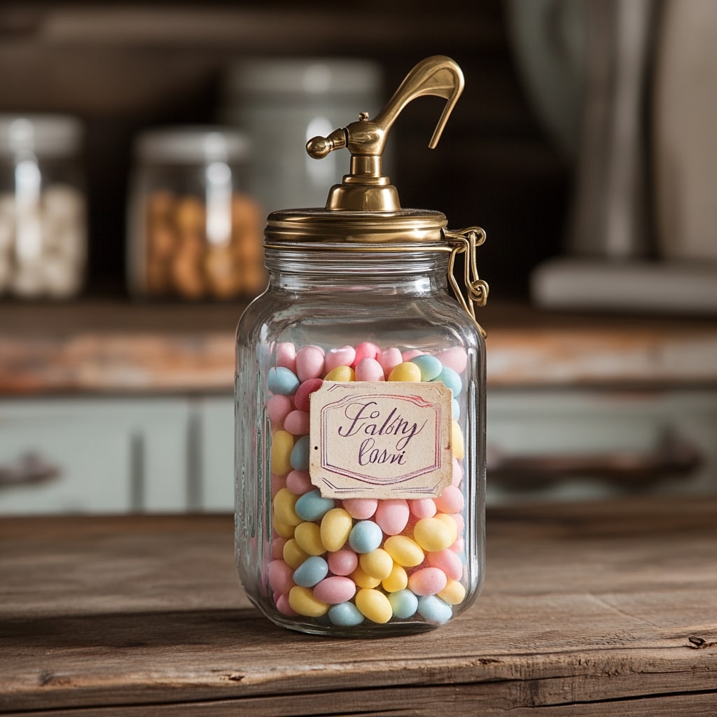 Vintage style mason jar filled with pastel candies and brass pump top