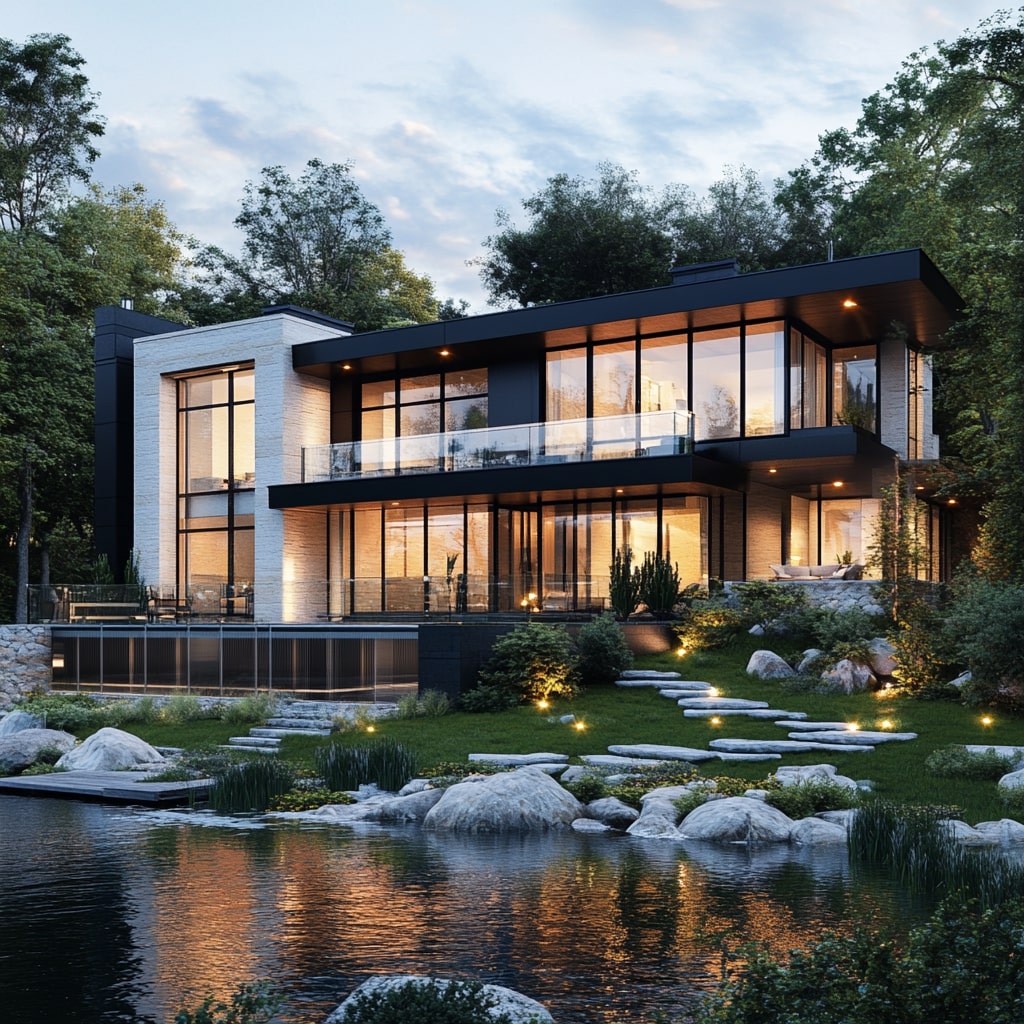 Modern white and black house with glass walls surrounded by landscaped garden pond