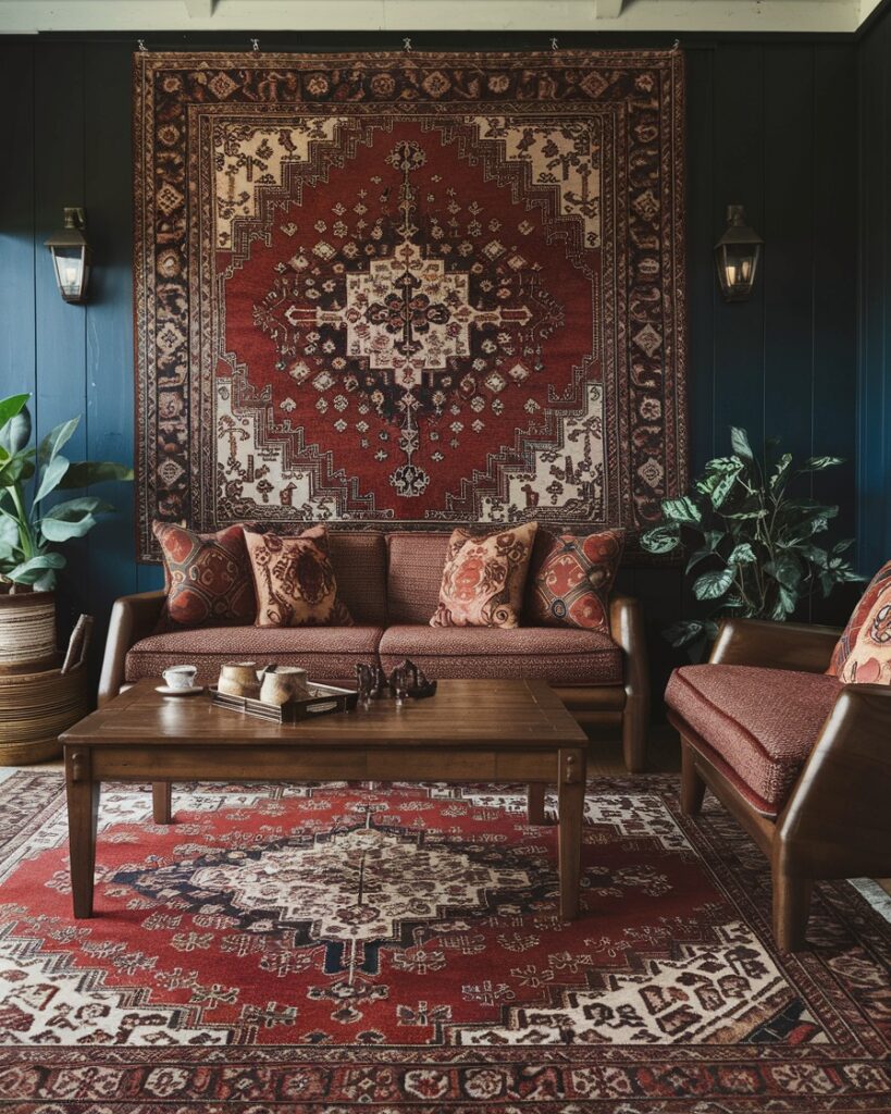 Living room with Persian rug brown sofa and teal walls