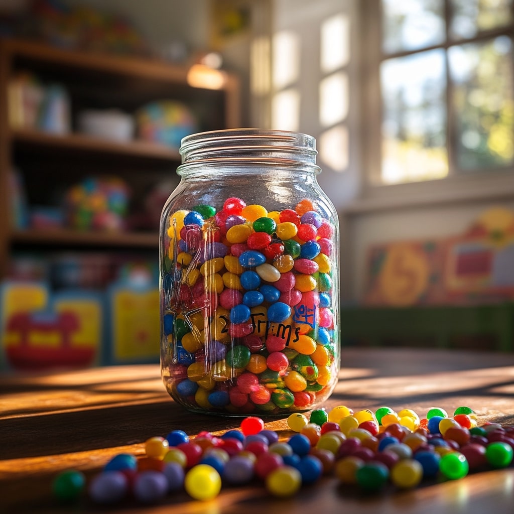 Mason jar filled with colorful jellybeans in sunlit room