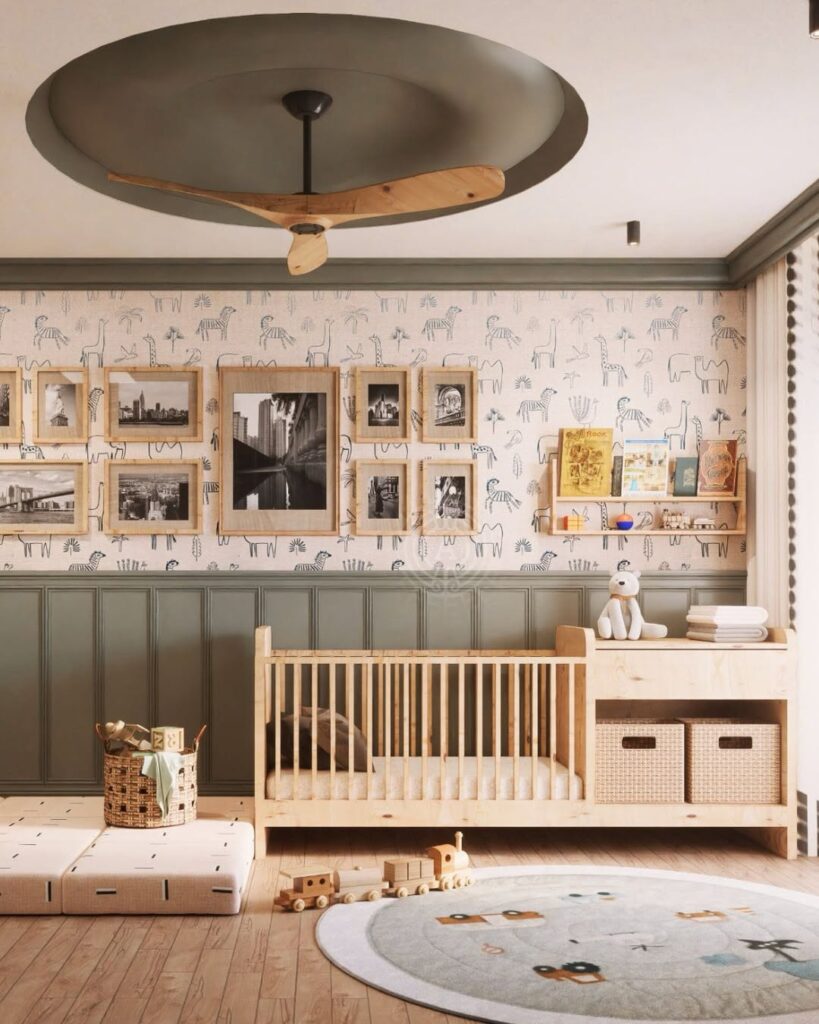 Modern nursery with city photography and animal wallpaper